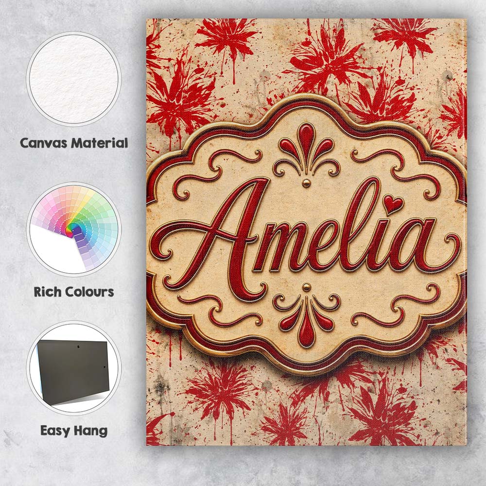 Personalised Name Grunge Red Floral Splash Custom  Unique Gift Idea Elegant Feature Canvas Wall Art Print Decor Picture Ready to Hang