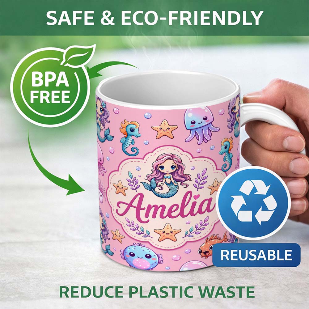 Personalized Custom Name Cute Cartoon Mermaid with Sea Creatures on Pink Background Playful 11oz Ceramic Coffee Tea Mug White Large Handle