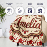 Vintage Red Tulip Floral Symmetrical Pattern Seamless Pattern Lovely  Personalised Custom Name Super Soft Fleece Blanket Bed Sofa Throw