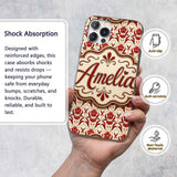 Vintage Red Tulip Floral Symmetrical Pattern Custom Name Protective Phone Case Mobile Cover Durable Everyday Smartphone Shock Resistant
