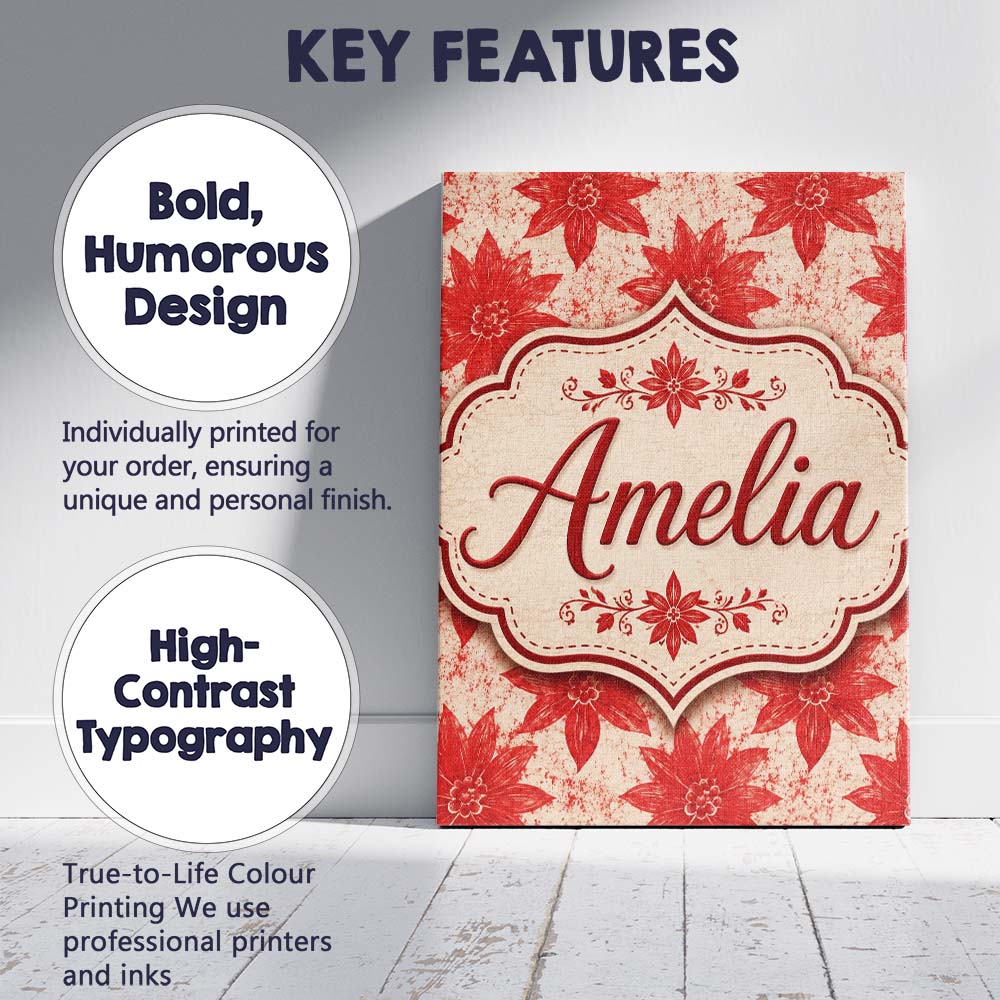 Personalised Name Distressed Red Floral Custom  Modern Room Accent Elegant Feature Canvas Wall Art Print Decor Picture Ready to Hang