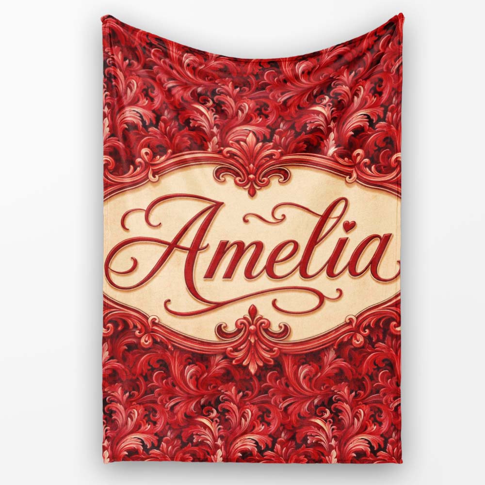 Luxury Deep Red Ornamental Damask Pattern Seamless Pattern Lovely  Personalised Custom Name Super Soft Fleece Blanket Bed Sofa Throw