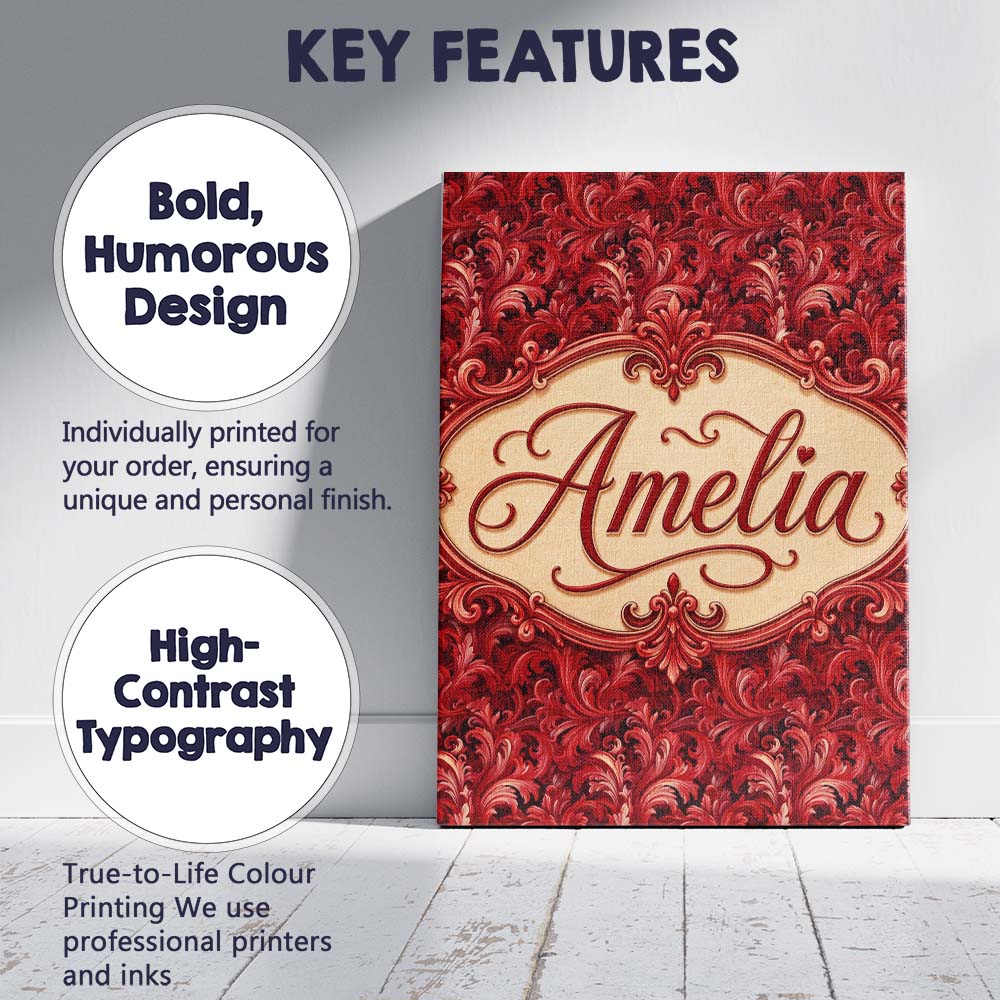 Personalised Name Luxury Deep Red Ornamental Custom Bespoke  Contemporary Display Canvas Wall Art Print Decor Picture Ready to Hang