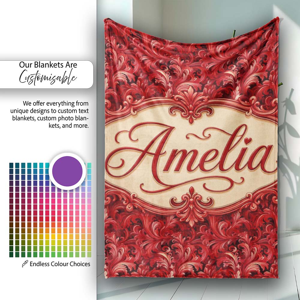 Luxury Deep Red Ornamental Damask Pattern Seamless Pattern Lovely  Personalised Custom Name Super Soft Fleece Blanket Bed Sofa Throw