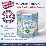 Personalized Custom Name Cute Kawaii Garden Tools Plants Bees Seamless Pattern Blue Lovely 11oz Ceramic Coffee Tea Mug White Large Handle