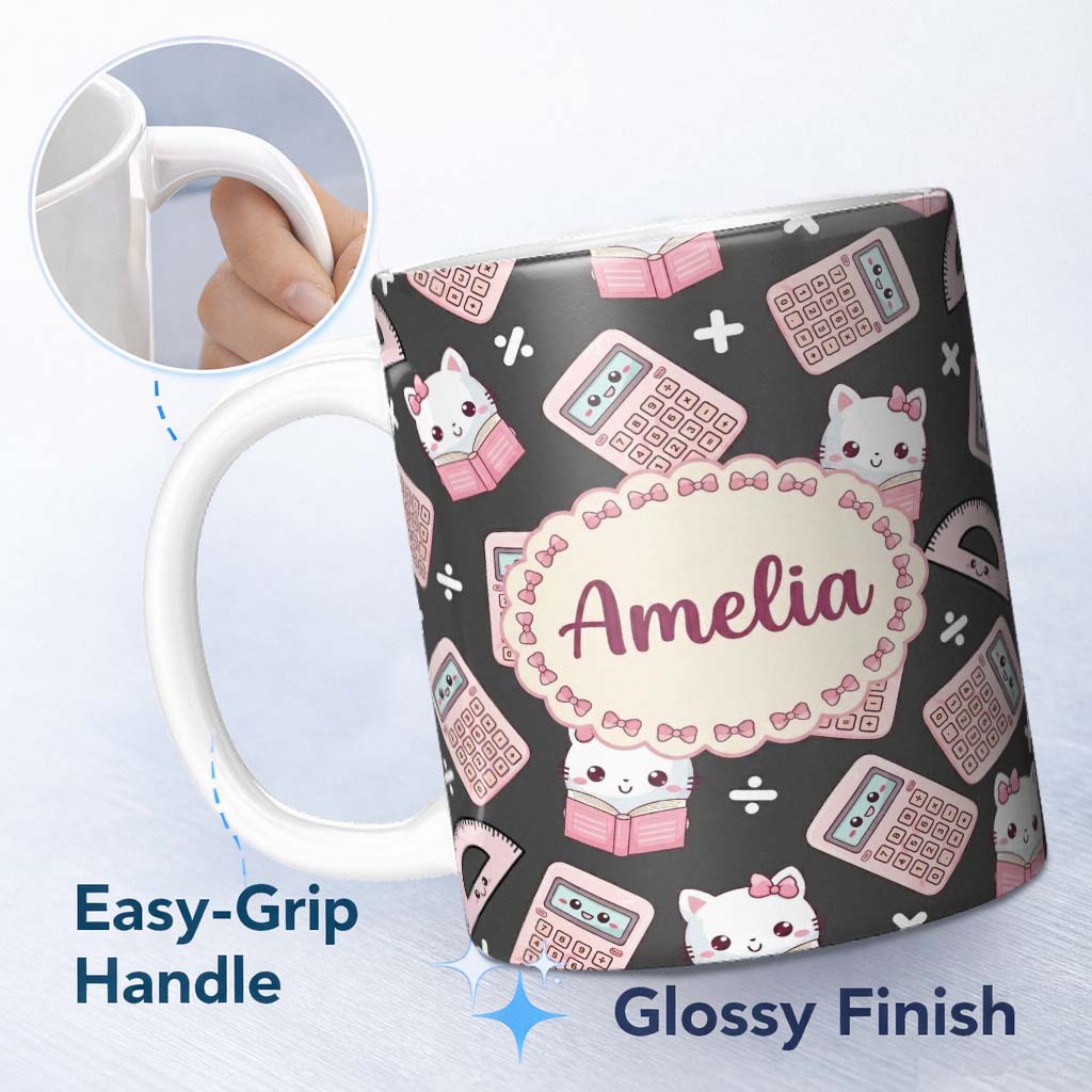Personalized Custom Name Cute Kawaii Maths Cat Calculator Ruler Seamless Pattern Dark Grey 11oz Ceramic Coffee Tea Mug White Large Handle