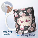 Personalized Custom Name Cute Kawaii Maths Cat Calculator Ruler Seamless Pattern Dark Grey 11oz Ceramic Coffee Tea Mug White Large Handle