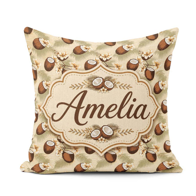 Custom Name Coconut Palm Hibiscus Tropical Island Pattern Lovely Square Filled Cushion Throw Pillow Sofa Bed Home Decor Zip Washable UK Made