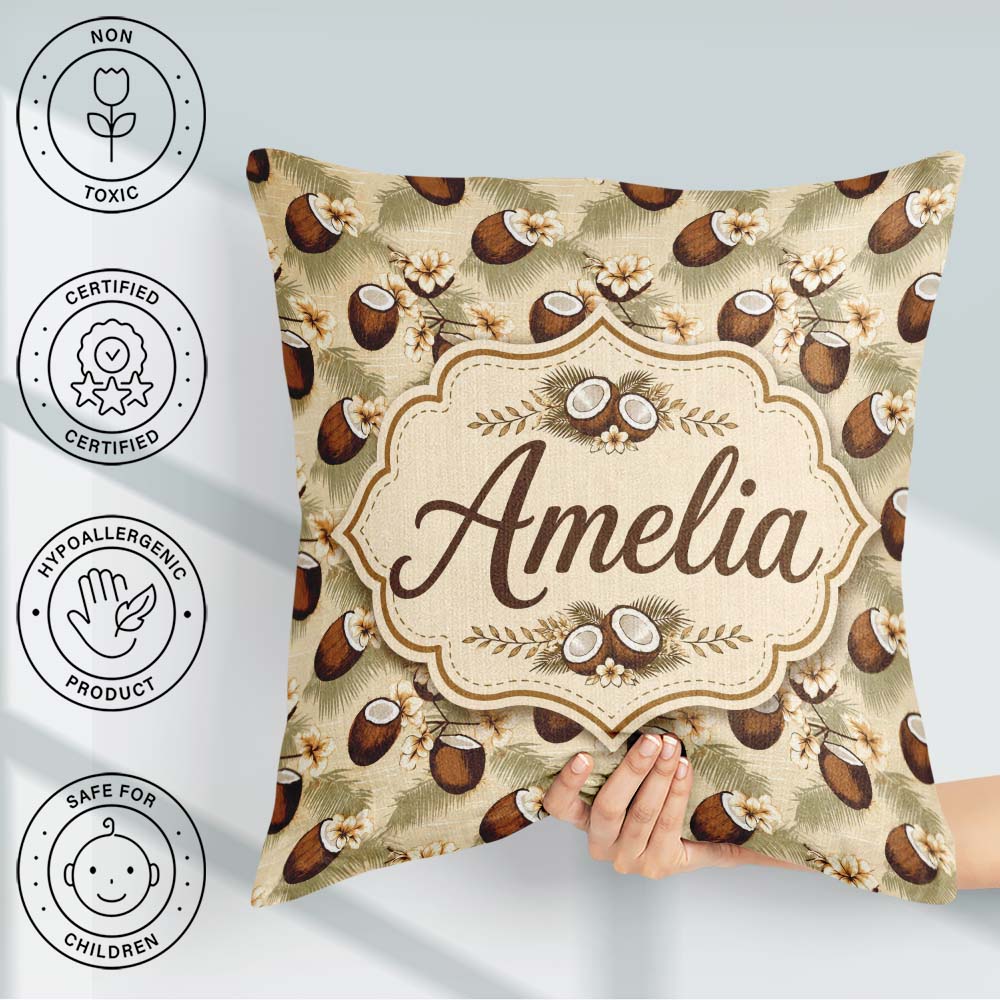 Custom Name Coconut Palm Hibiscus Tropical Island Pattern Lovely Square Filled Cushion Throw Pillow Sofa Bed Home Decor Zip Washable UK Made