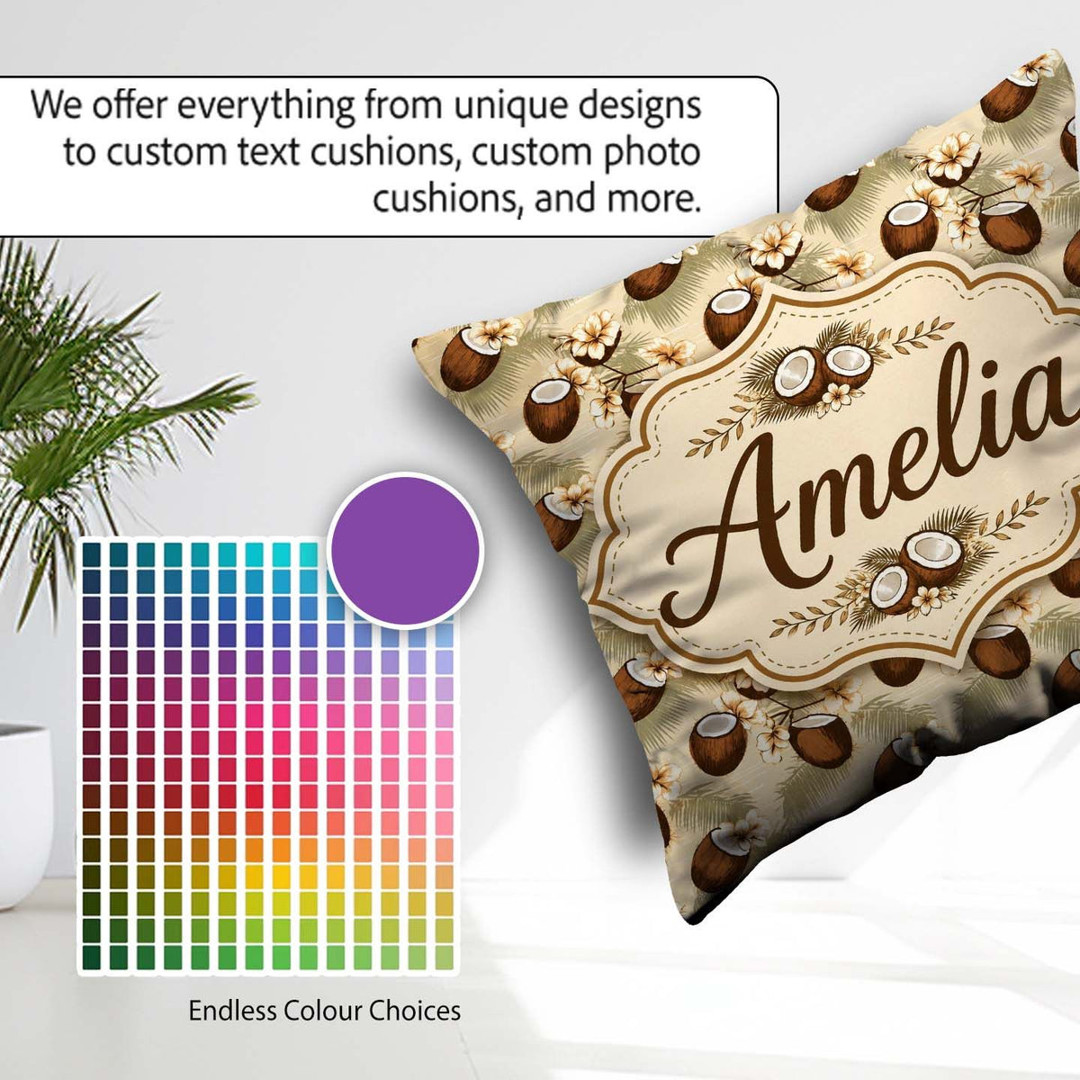 Custom Name Coconut Palm Hibiscus Tropical Island Pattern Lovely Square Filled Cushion Throw Pillow Sofa Bed Home Decor Zip Washable UK Made