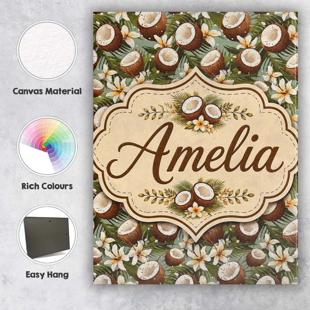 Personalised Name Tropical Coconut Palm Custom  Modern Room Accent Elegant Feature Canvas Wall Art Print Decor Picture Ready to Hang