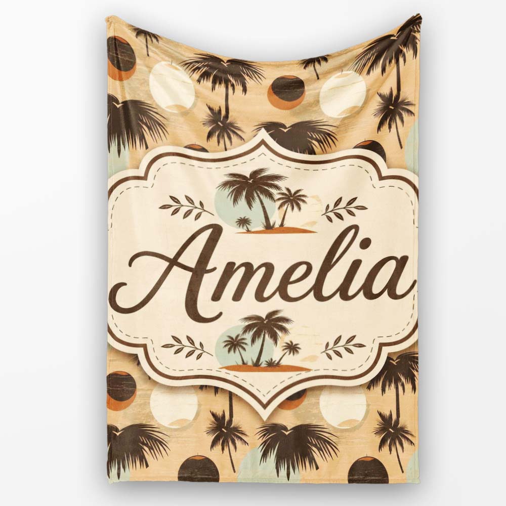Tropical Palm Trees and Abstract Sun Circles Neutral Beige Coastal  Personalised Custom Name Super Soft Fleece Blanket Bed Sofa Throw