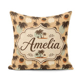 Custom Name Tropical Palm Trees and Abstract Sun Circles Neutral Square Filled Cushion Throw Pillow Sofa Bed Home Decor Zip Washable UK Made
