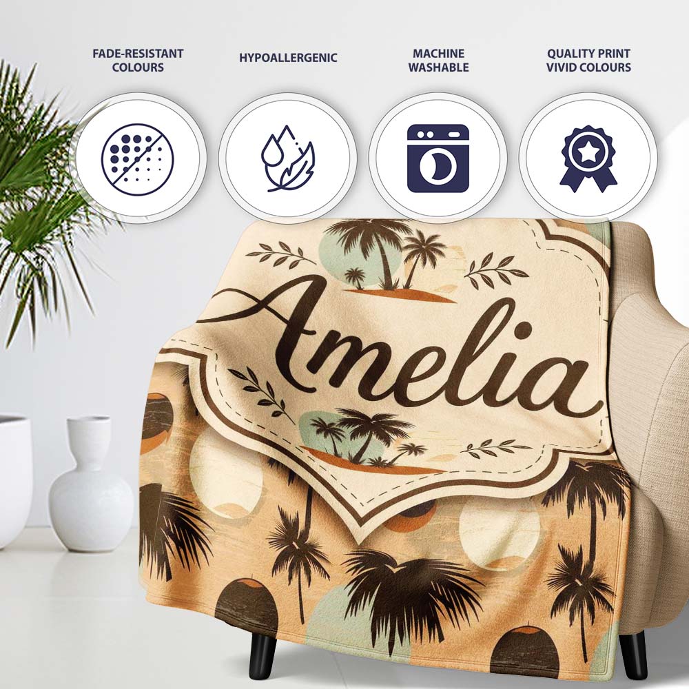 Tropical Palm Trees and Abstract Sun Circles Neutral Beige Coastal  Personalised Custom Name Super Soft Fleece Blanket Bed Sofa Throw
