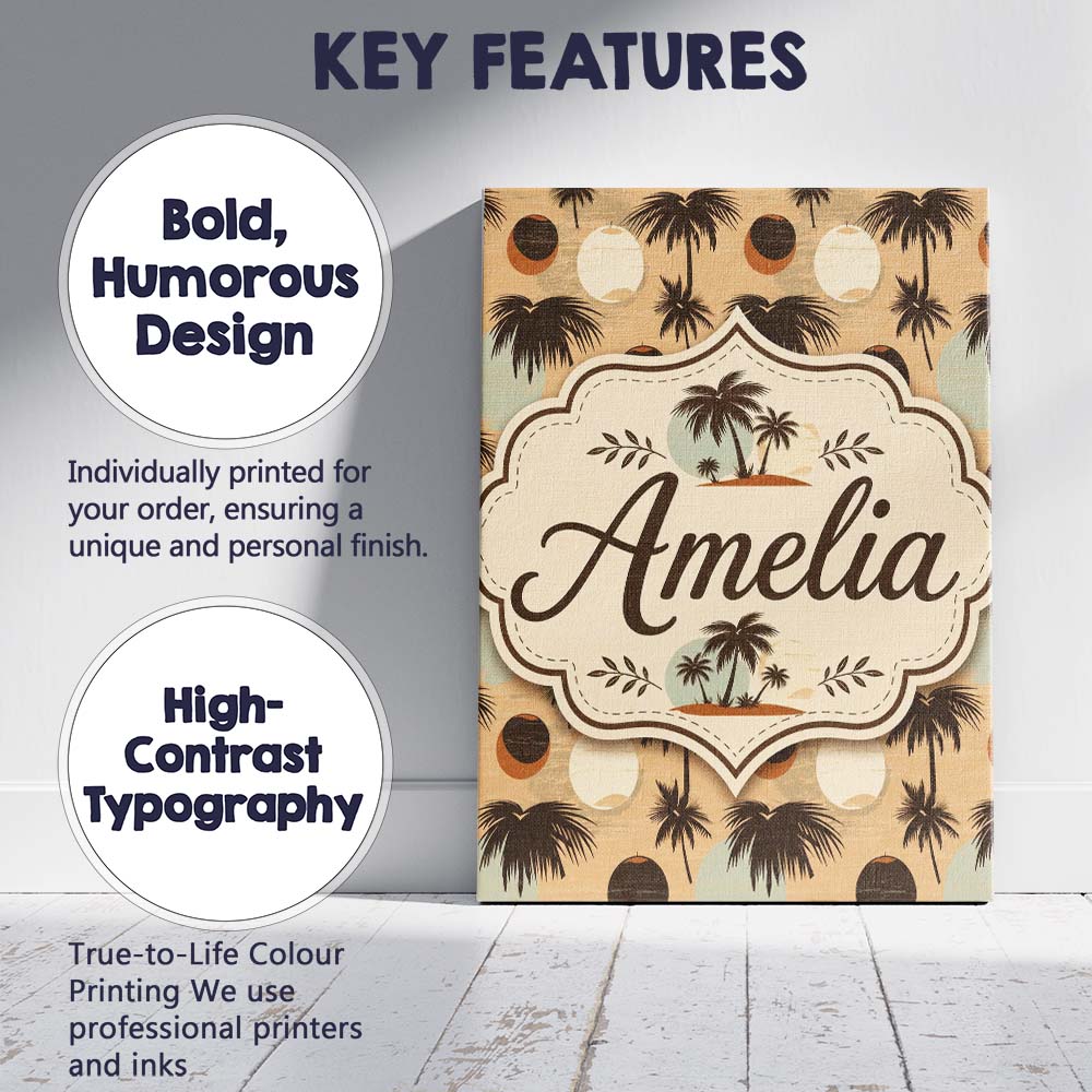Personalised Name Tropical Palm Trees and Custom  Unique Gift Idea Elegant Feature Canvas Wall Art Print Decor Picture Ready to Hang