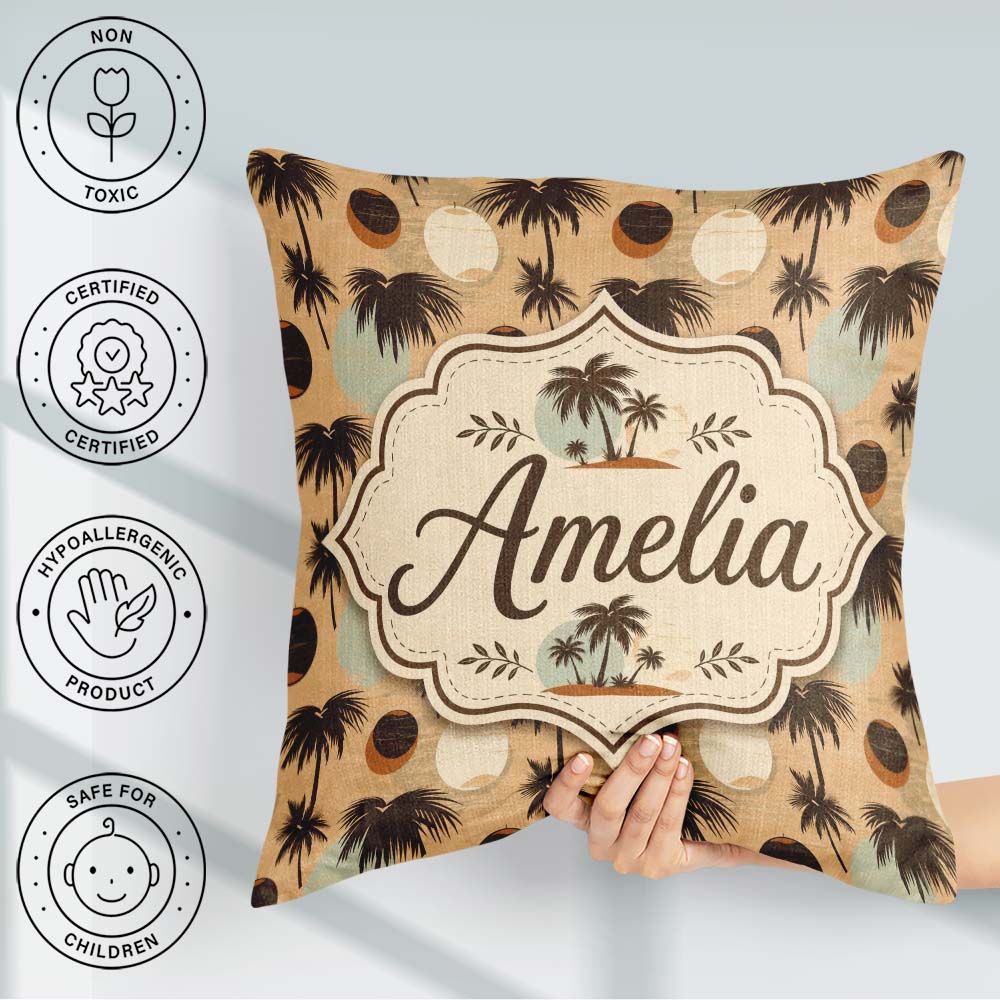 Custom Name Tropical Palm Trees and Abstract Sun Circles Neutral Square Filled Cushion Throw Pillow Sofa Bed Home Decor Zip Washable UK Made