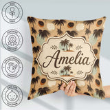 Custom Name Tropical Palm Trees and Abstract Sun Circles Neutral Square Filled Cushion Throw Pillow Sofa Bed Home Decor Zip Washable UK Made