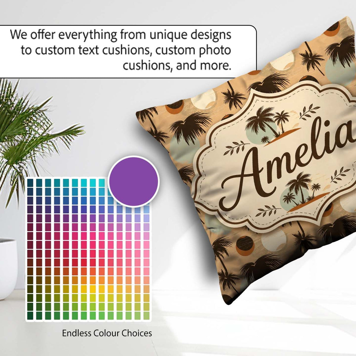 Custom Name Tropical Palm Trees and Abstract Sun Circles Neutral Square Filled Cushion Throw Pillow Sofa Bed Home Decor Zip Washable UK Made