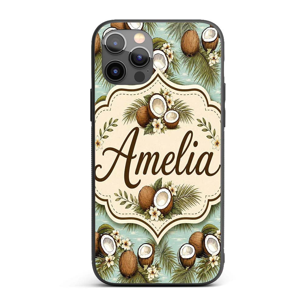 Tropical Coconuts Palm Leaves and White Flowers Custom Name Protective Phone Case Mobile Cover Durable Everyday Smartphone Shock Resistant