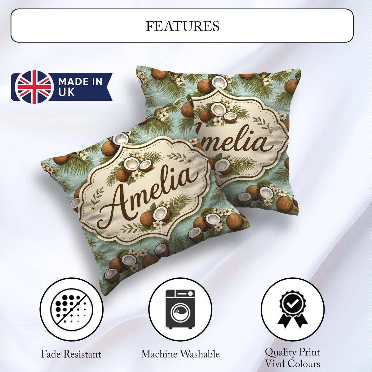 Custom Name Tropical Coconuts Palm Leaves and White on Soft Blue Square Filled Cushion Throw Pillow Sofa Bed Home Decor Zip Washable UK Made