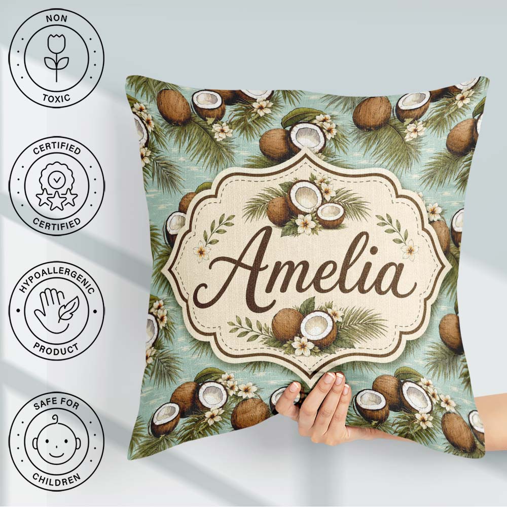 Custom Name Tropical Coconuts Palm Leaves and White on Soft Blue Square Filled Cushion Throw Pillow Sofa Bed Home Decor Zip Washable UK Made