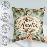 Custom Name Tropical Coconuts Palm Leaves and White on Soft Blue Square Filled Cushion Throw Pillow Sofa Bed Home Decor Zip Washable UK Made