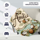 Tropical Coconuts Palm Leaves and White Flowers on Soft Blue Beach  Personalised Custom Name Super Soft Fleece Blanket Bed Sofa Throw