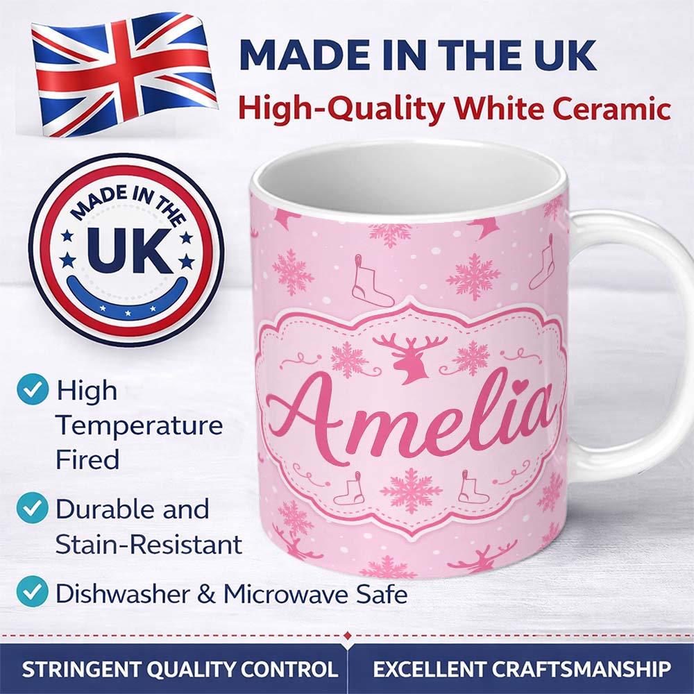 Personalized Custom Name Cute Reindeer Snowflake Stocking Pink Seamless Pattern Lovely 11oz Ceramic Coffee Tea Mug White Large Handle