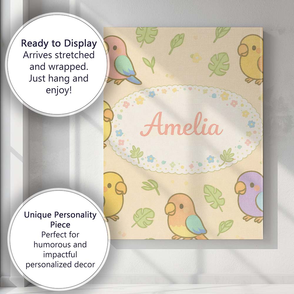 Personalised Name Cute Tropical Parrot Cartoon Animal Pattern Custom Contemporary Display Canvas Wall Art Print Decor Picture Ready to Hang
