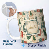 Personalized Custom Name Vintage Christmas Postcards Stamps and Winter Scenes Seamless Lovely 11oz Ceramic Coffee Tea Mug White Large Handle
