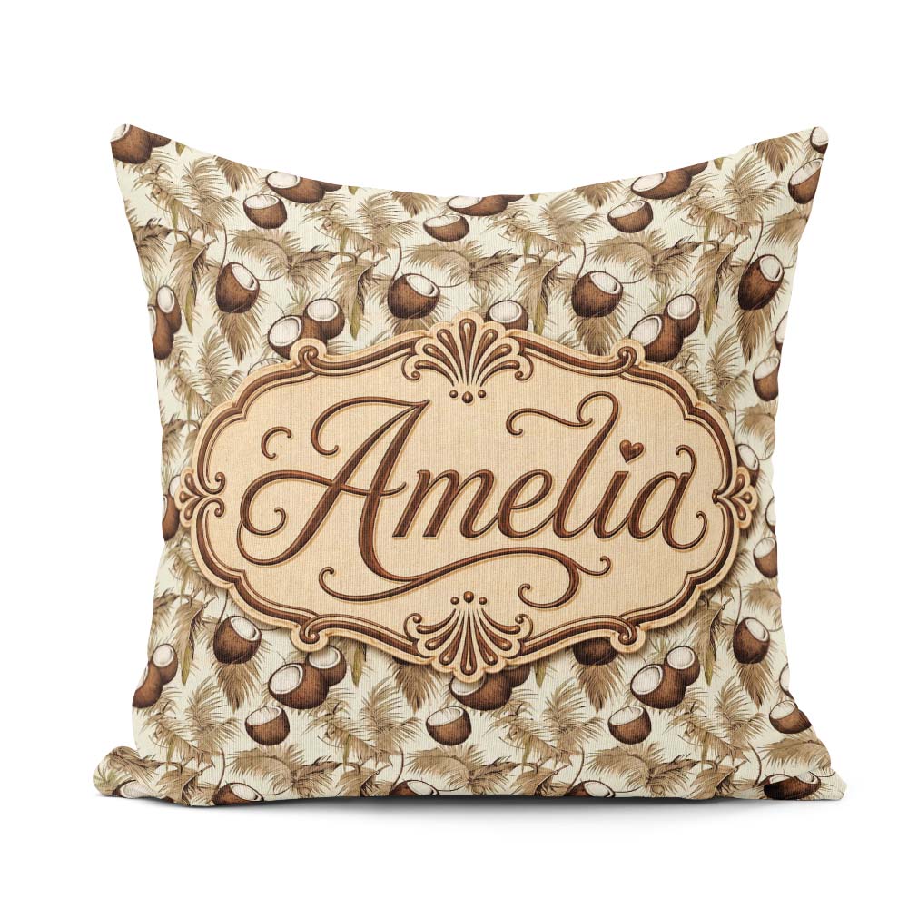 Custom Name Neutral Coconut Palm Leaves Beige Tropical Botanical Square Filled Cushion Throw Pillow Sofa Bed Home Decor Zip Washable UK Made