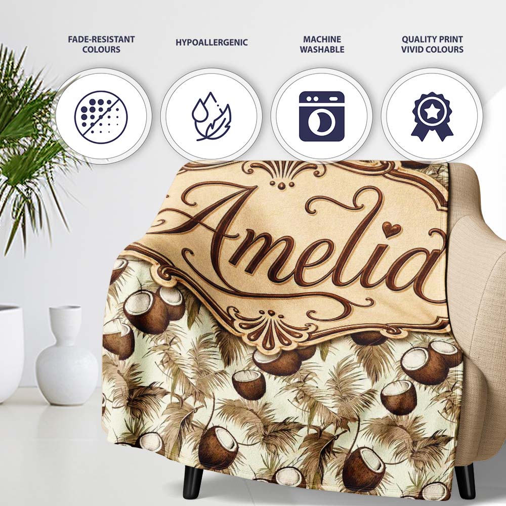 Neutral Coconut Palm Leaves Minimal Beige Tropical Botanical Lovely  Personalised Custom Name Super Soft Fleece Blanket Bed Sofa Throw