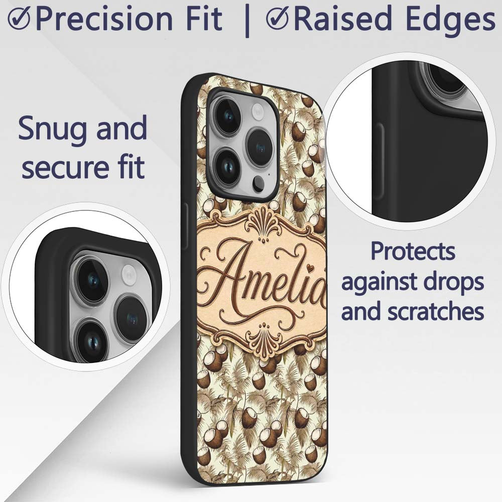 Neutral Coconut Palm Leaves Decorative Design Custom Name Protective Phone Case Mobile Cover Durable Everyday Smartphone Shock Resistant