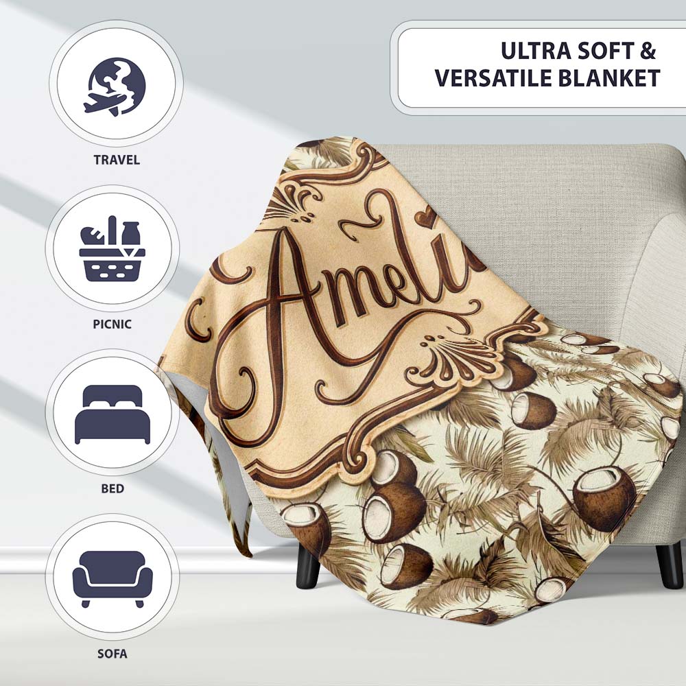 Neutral Coconut Palm Leaves Minimal Beige Tropical Botanical Lovely  Personalised Custom Name Super Soft Fleece Blanket Bed Sofa Throw
