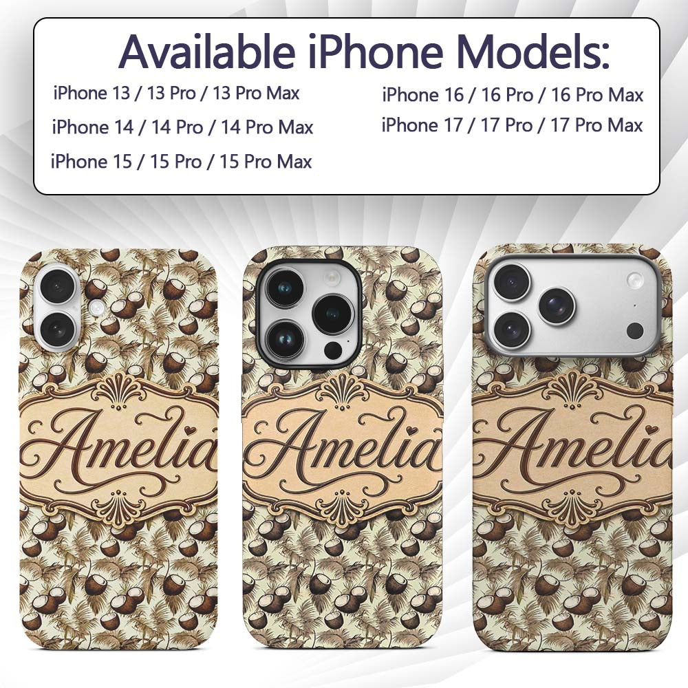 Neutral Coconut Palm Leaves Decorative Design Custom Name Protective Phone Case Mobile Cover Durable Everyday Smartphone Shock Resistant