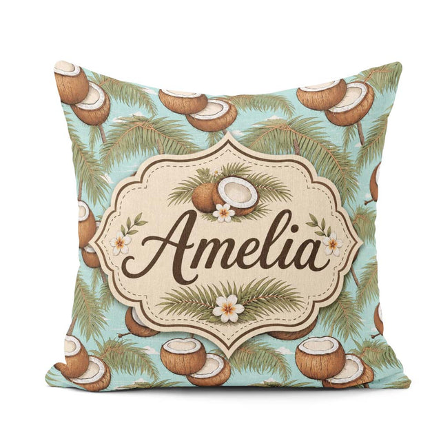 Custom Name Coastal Coconut Palm Tree on Sky Blue Beach Scene Square Filled Cushion Throw Pillow Sofa Bed Home Decor Zip Washable UK Made