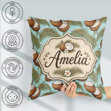 Custom Name Coastal Coconut Palm Tree on Sky Blue Beach Scene Square Filled Cushion Throw Pillow Sofa Bed Home Decor Zip Washable UK Made