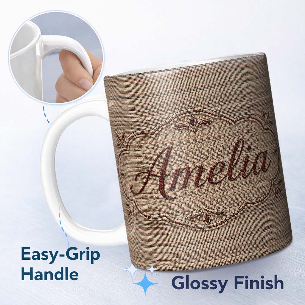 Personalized Custom Name Beige Small Check Woven Texture Seamless Pattern Cute Unique Gift 11oz Ceramic Coffee Tea Mug White Large Handle