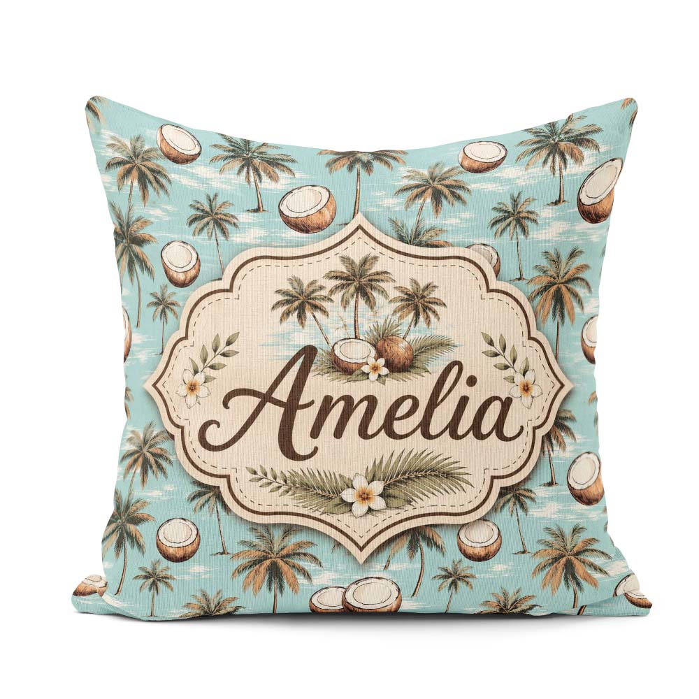 Custom Name Coastal Palm Trees on Aqua Ocean Background Tropical Square Filled Cushion Throw Pillow Sofa Bed Home Decor Zip Washable UK Made