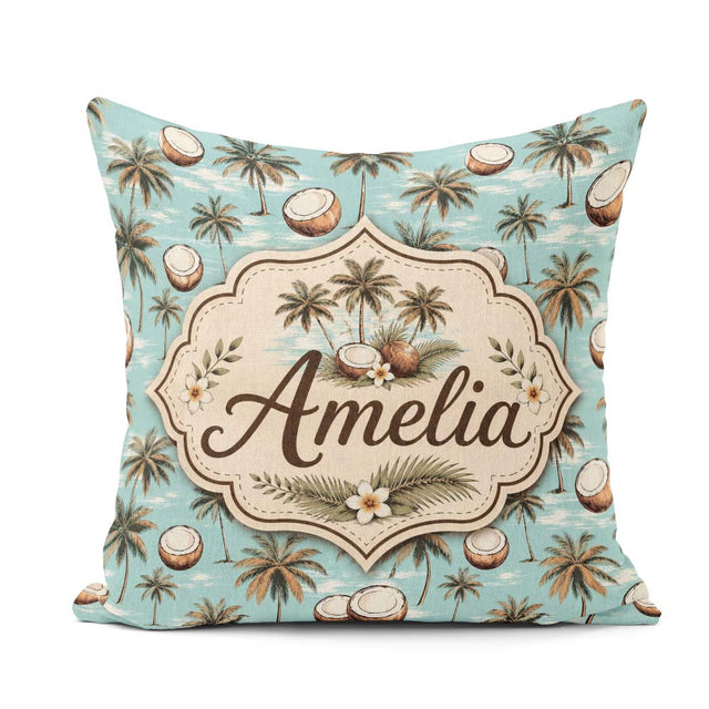 Custom Name Coastal Palm Trees on Aqua Ocean Background Tropical Square Filled Cushion Throw Pillow Sofa Bed Home Decor Zip Washable UK Made