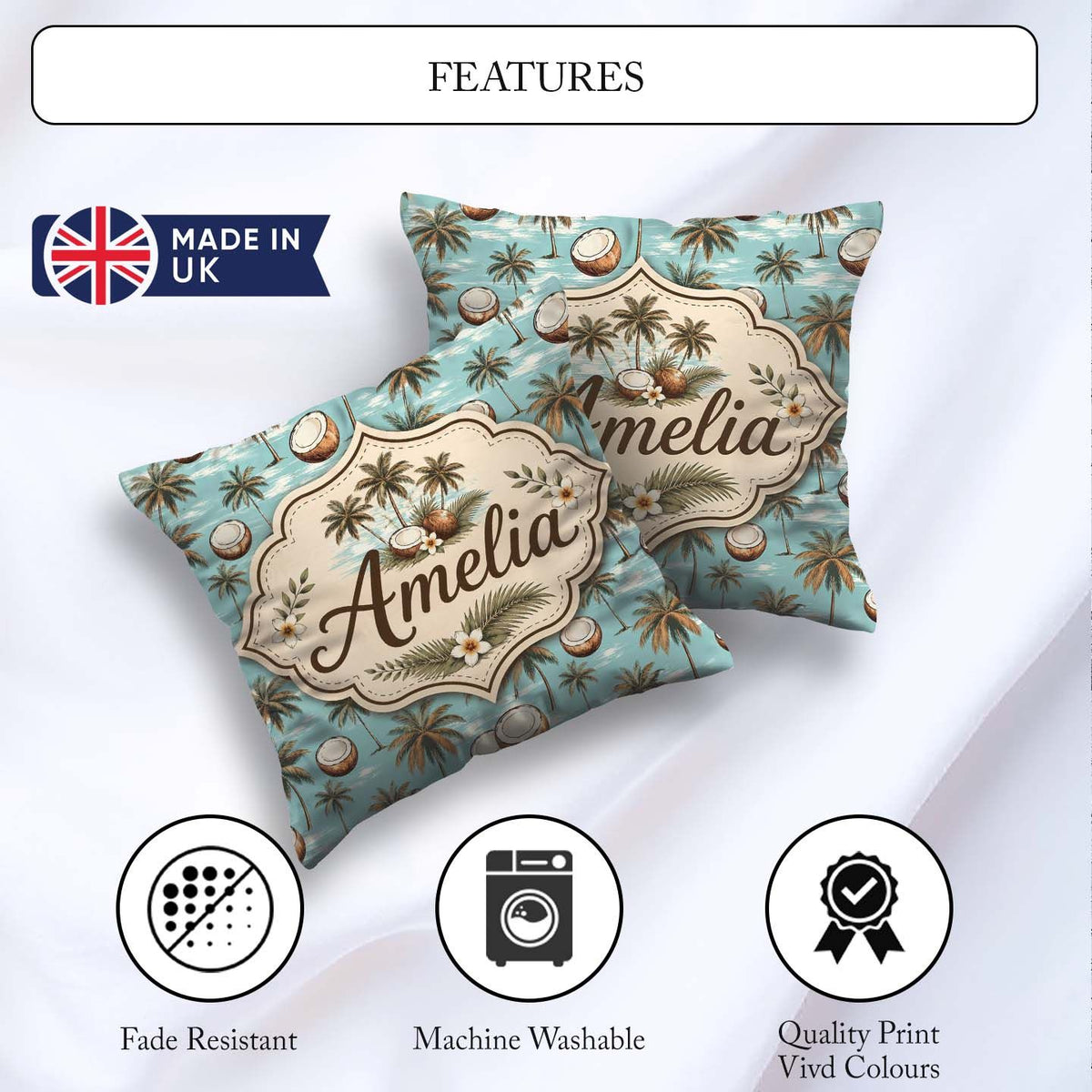 Custom Name Coastal Palm Trees on Aqua Ocean Background Tropical Square Filled Cushion Throw Pillow Sofa Bed Home Decor Zip Washable UK Made