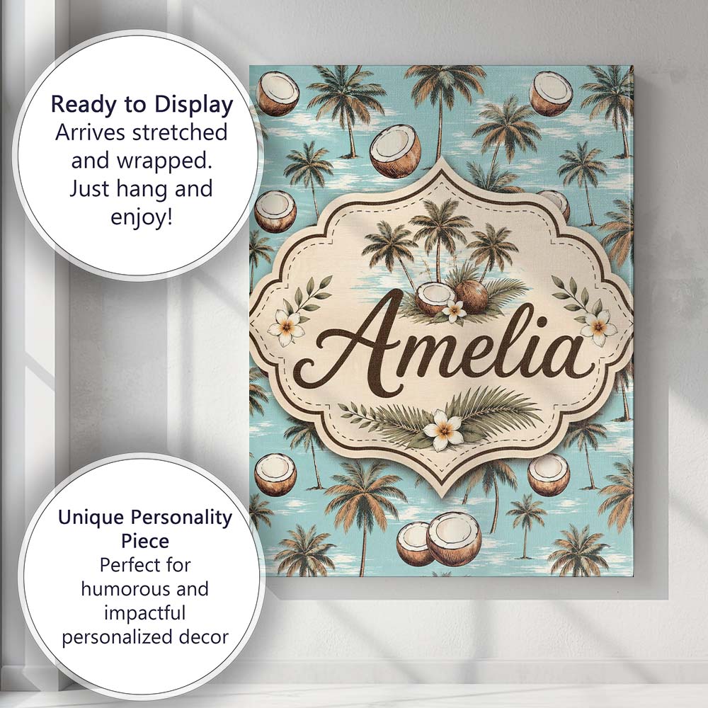 Personalised Name Coastal Coconut Palm Custom  Modern Room Accent Elegant Feature Canvas Wall Art Print Decor Picture Ready to Hang