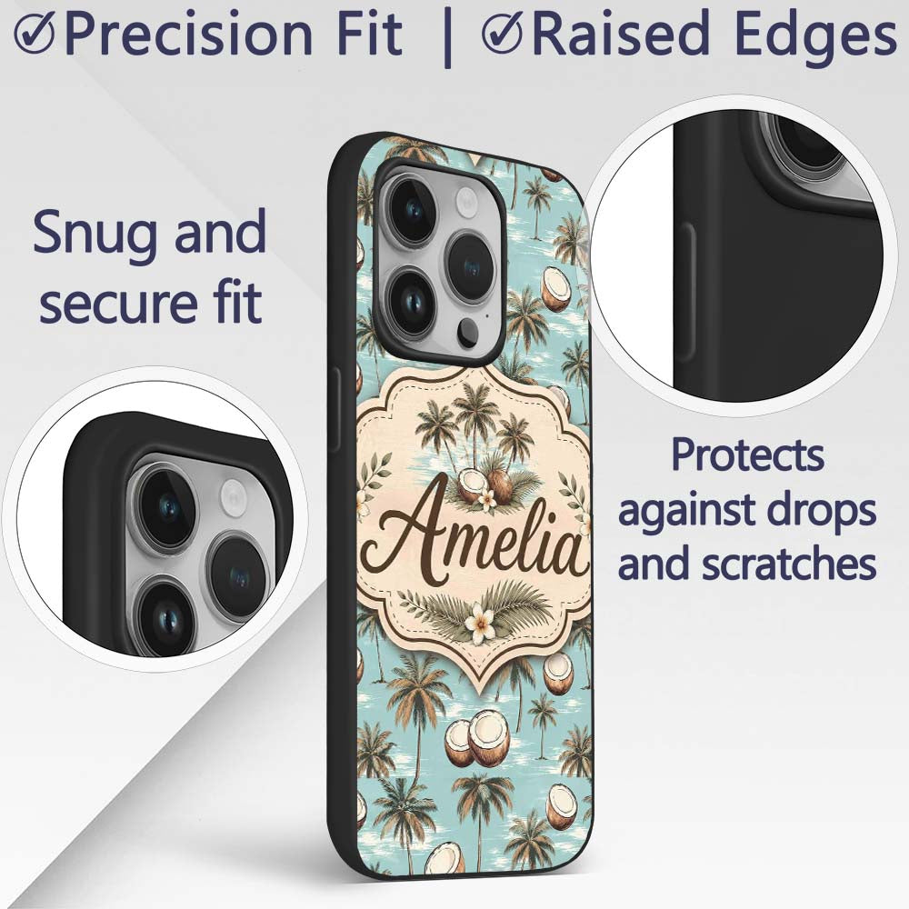 Coastal Coconut Palm Trees on Aqua Printed Design Custom Name Protective Phone Case Mobile Cover Durable Everyday Smartphone Shock Resistant