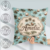 Custom Name Coastal Palm Trees on Aqua Ocean Background Tropical Square Filled Cushion Throw Pillow Sofa Bed Home Decor Zip Washable UK Made
