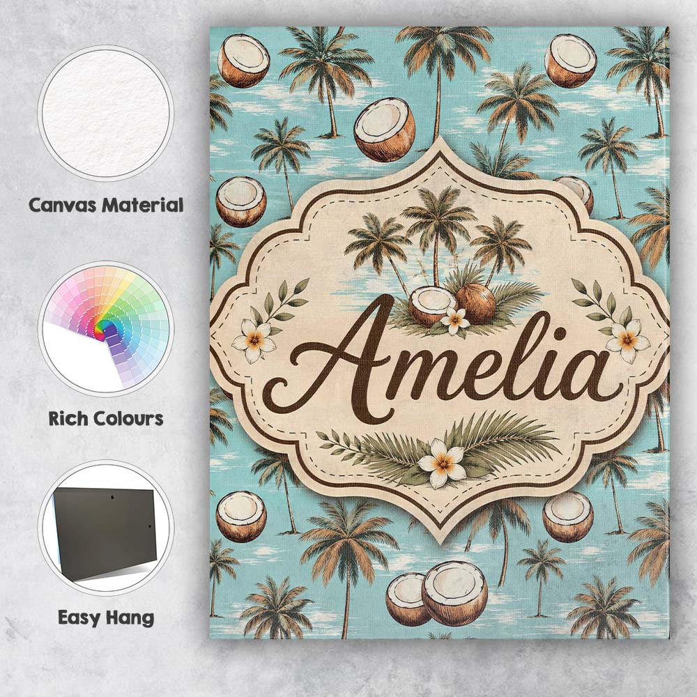 Personalised Name Coastal Coconut Palm Custom  Modern Room Accent Elegant Feature Canvas Wall Art Print Decor Picture Ready to Hang