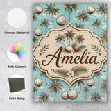 Personalised Name Coastal Coconut Palm Custom  Modern Room Accent Elegant Feature Canvas Wall Art Print Decor Picture Ready to Hang