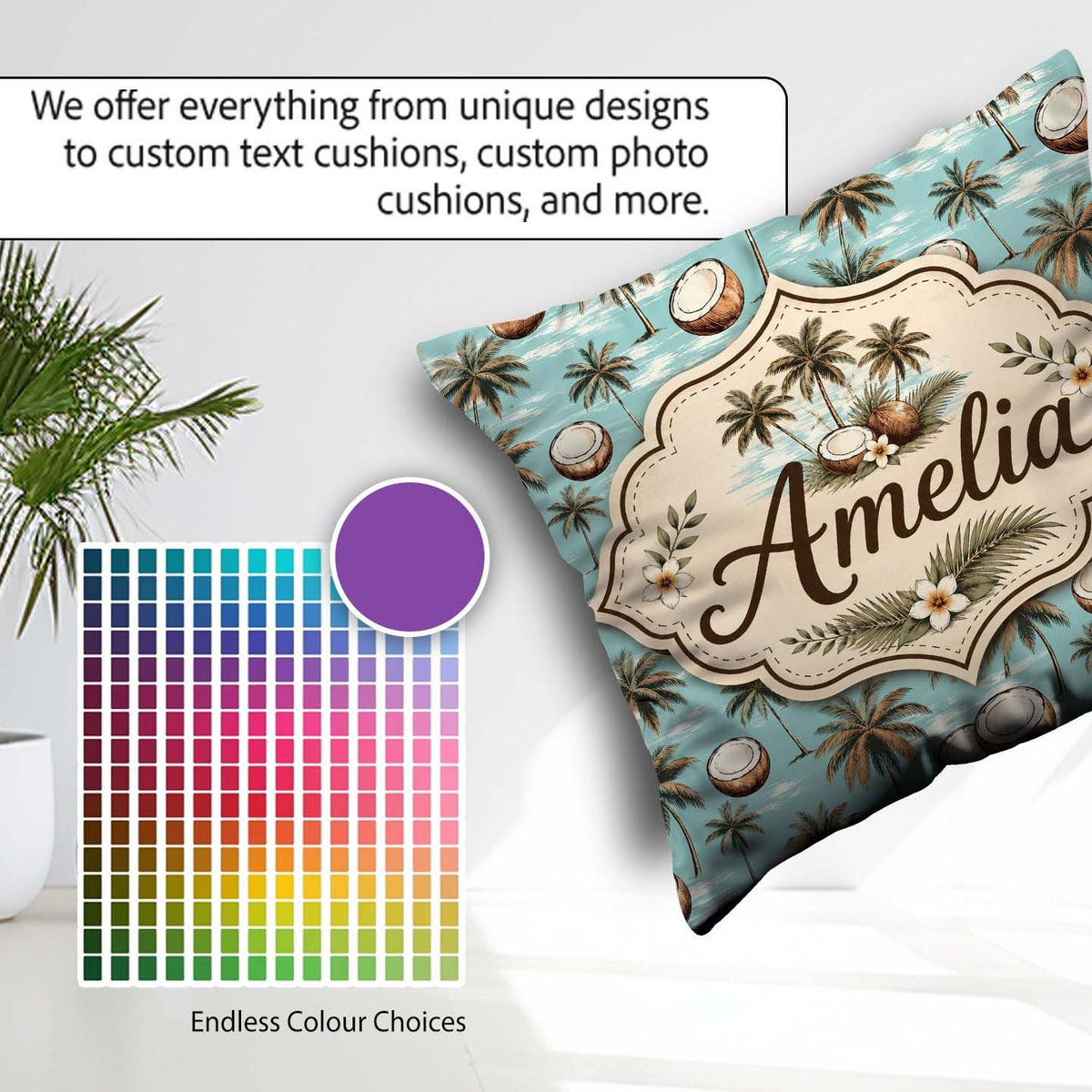 Custom Name Coastal Palm Trees on Aqua Ocean Background Tropical Square Filled Cushion Throw Pillow Sofa Bed Home Decor Zip Washable UK Made