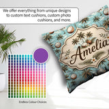 Custom Name Coastal Palm Trees on Aqua Ocean Background Tropical Square Filled Cushion Throw Pillow Sofa Bed Home Decor Zip Washable UK Made