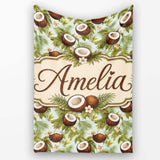 Fresh Coconut and Tropical Leaves with Flowers on Light Green Lovely  Personalised Custom Name Super Soft Fleece Blanket Bed Sofa Throw