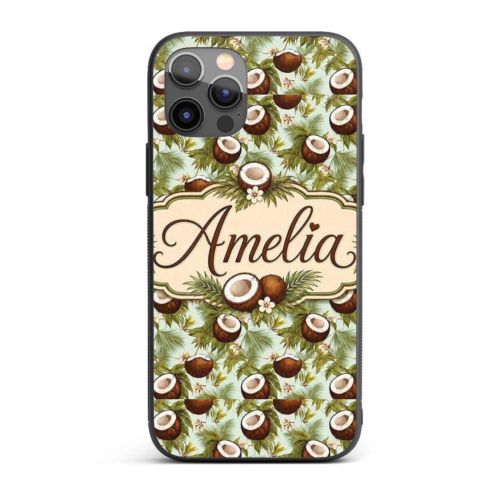 Fresh Coconut and Tropical Leaves with Flowers on Custom Name Protective Phone Case Mobile Cover Durable Everyday Smartphone Shock Resistant